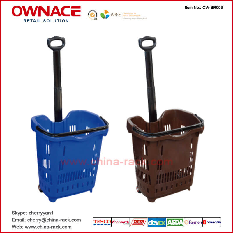 OW-BR010 Plastic Rolling Supermarket Shopping Basket with handle & wheel