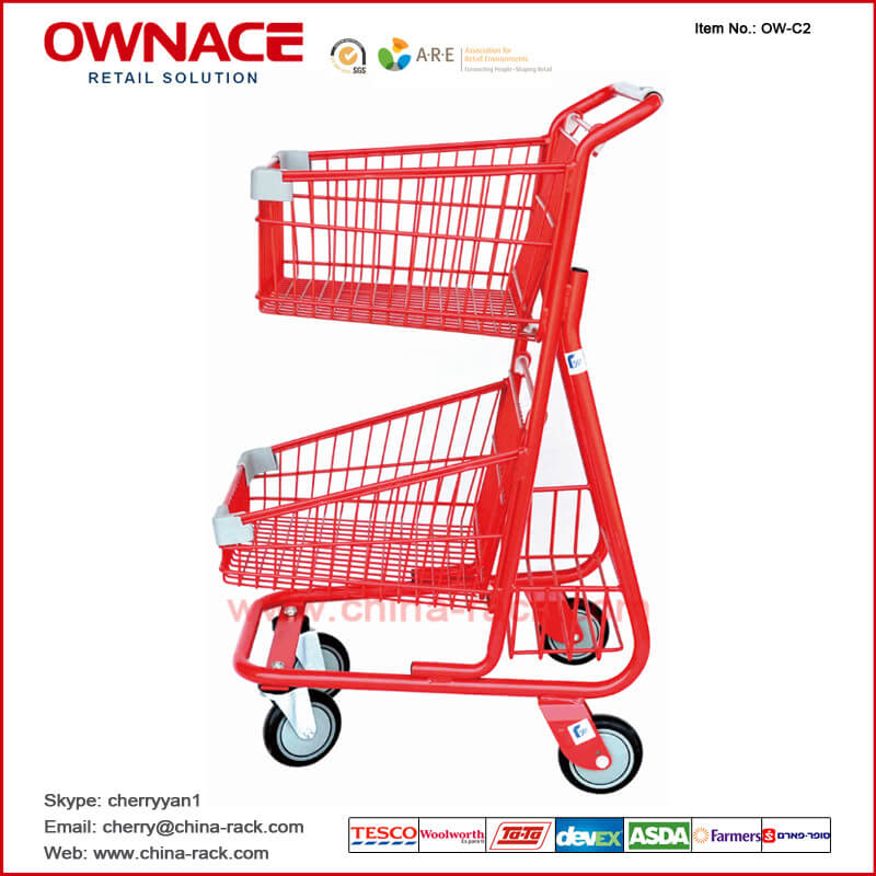 OW-C2 Double Layers Wire Basket Trolley Supermarket Shopping Trolley/Cart with Different Capacity