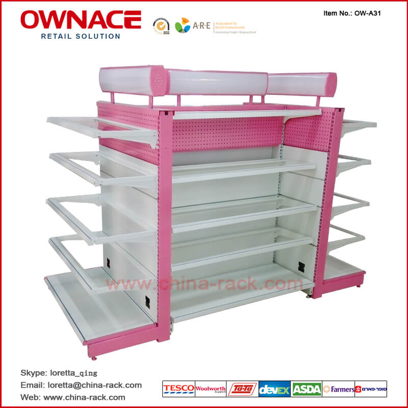 OW-A31 Shelf for Mother and Baby Products, Gondola Store Shelf with Glass Shelf Layer and Light Box Canopy