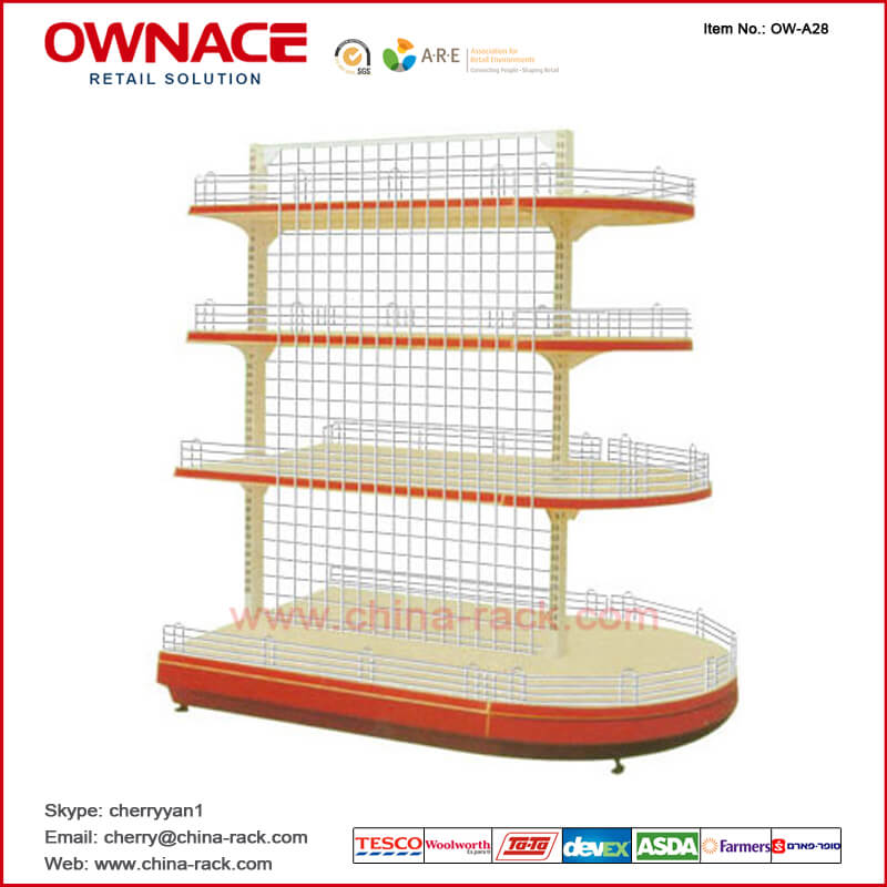 OW-A28 Wire Mesh Back Gondola Supermarket Shelf Rack, Display Stand Rack Shelf, Nonstandard Shelf