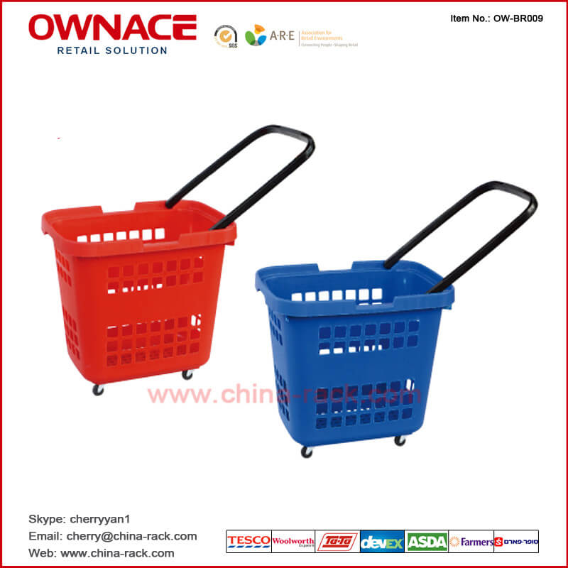 OW-BR009 Plastic Rolling Supermarket Shopping Basket with handle & wheel