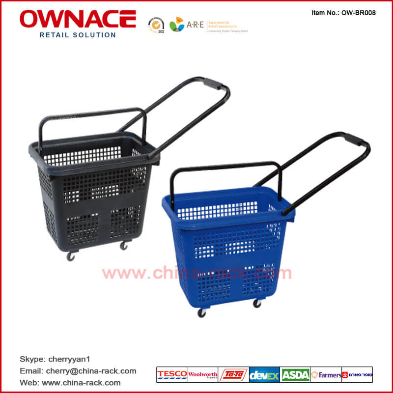 OW-BR008 Plastic Rolling Supermarket Shopping Basket with handle & wheel