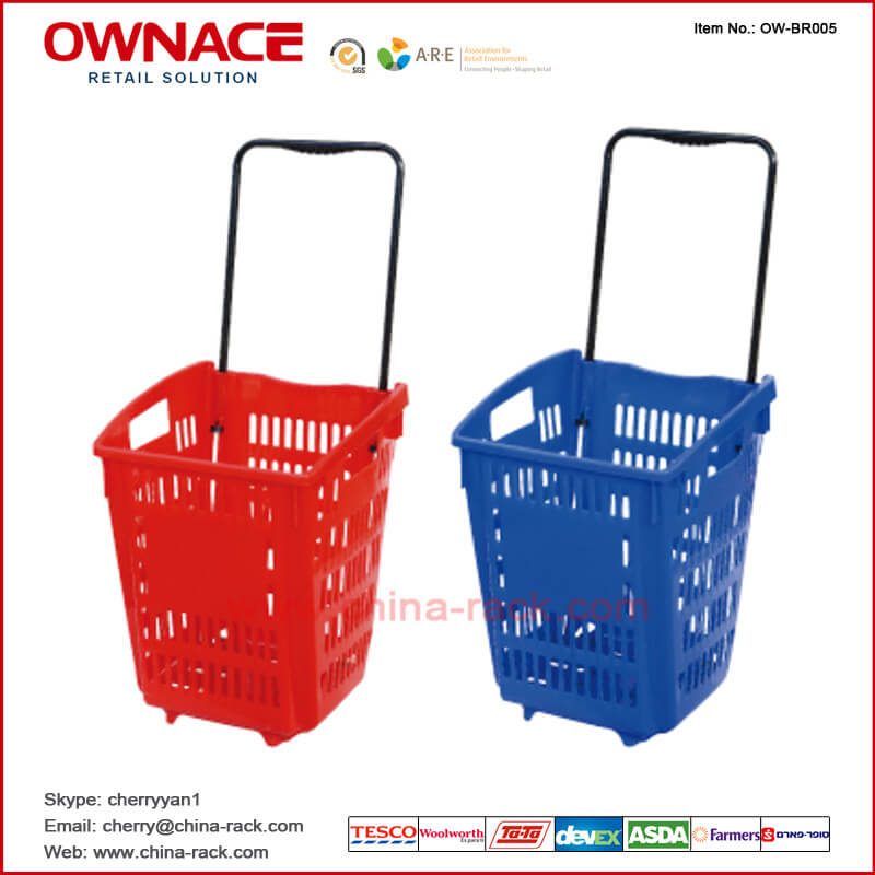OW-BR005 Plastic Rolling Supermarket Shopping Basket with handle & wheel