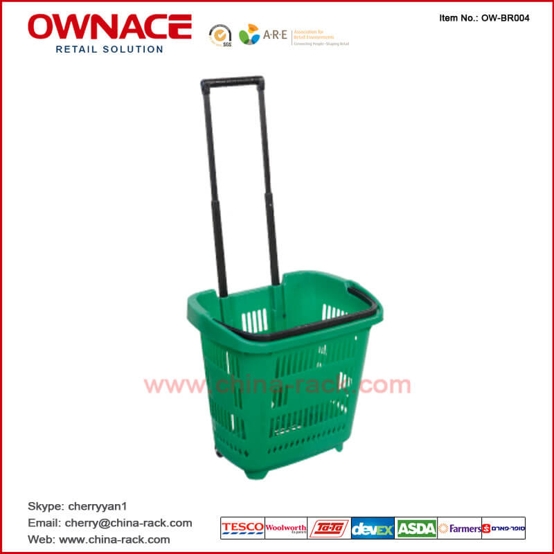 OW-BR004 Plastic Rolling Supermarket Shopping Basket with handle & wheel