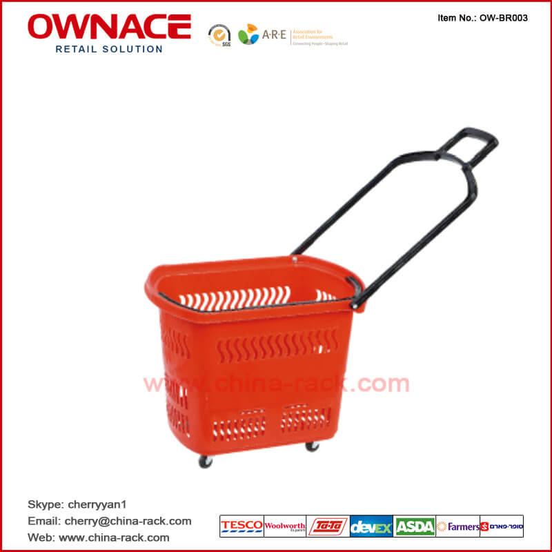 OW-BR003 Plastic Rolling Supermarket Shopping Basket with handle & wheel