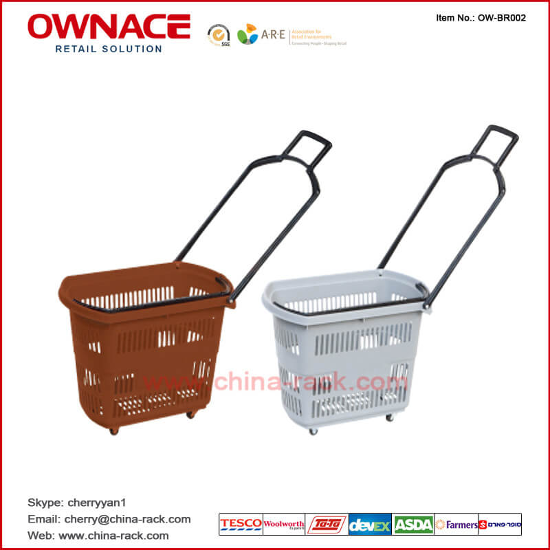 OW-BR002 Plastic Rolling Supermarket Shopping Basket with handle & wheel