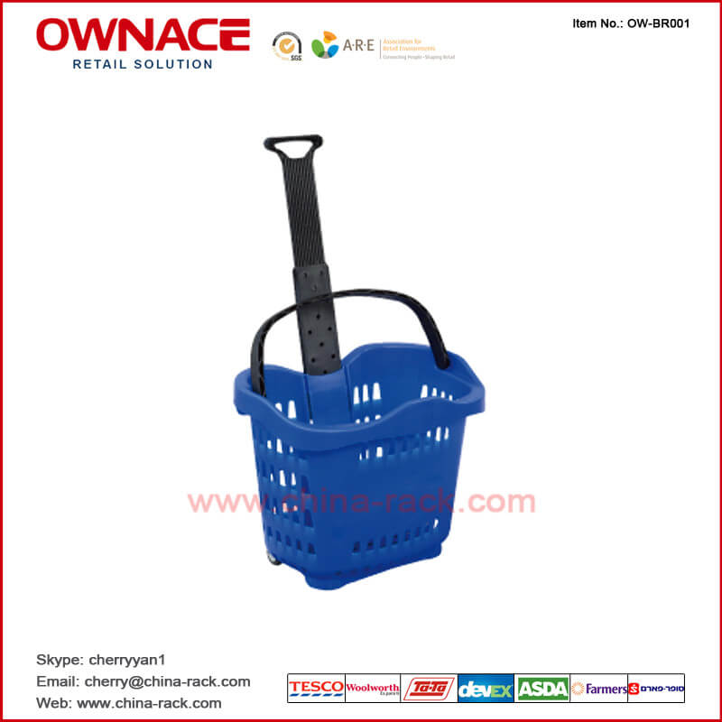 OW-BR001 Plastic Rolling Supermarket Shopping Basket with handle & wheel