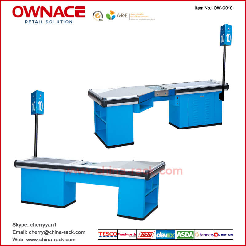 OW-C010 Supermarket Checkout Counter Electric Cashier Counter Cashier Table with Belt